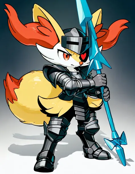 a boy anthropomorphic braixen pokemon as knight, wearing dark armor with image of big red heart, holding an aqua spear, solo furry, full hd resolution, photorealisic, full-body portarit, attacking pose, the patch on right eye