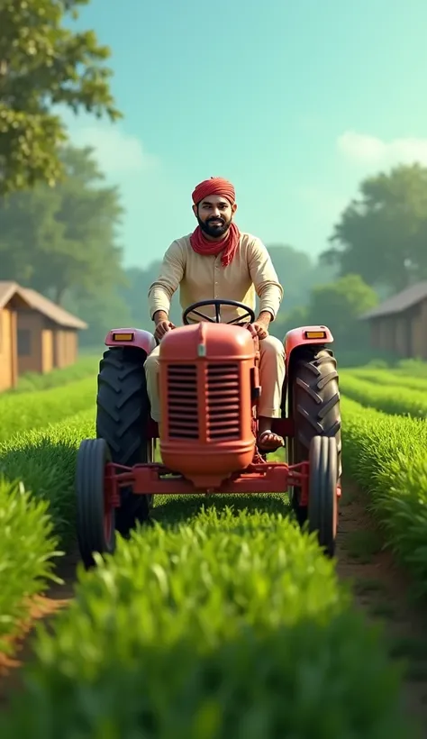 "Create an image of Virat Kohli driving a traditional Indian tractor in a rural setting. He is dressed in simple farmer attire, such as a kurta and dhoti, with a scarf (gamcha) around his neck. The tractor is red or green, typical of Indian villages, and h...