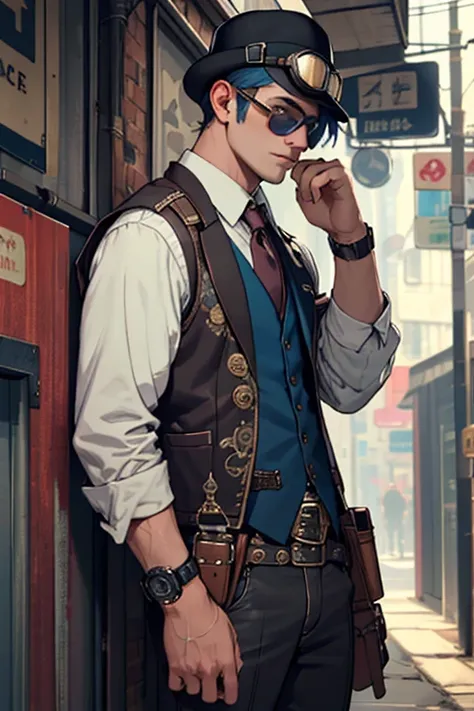 ((best quality)), ((masterpiece)), (detailed), man, in mask, steampunk, wearing bowler hat, wearing vest, wearing goggles.