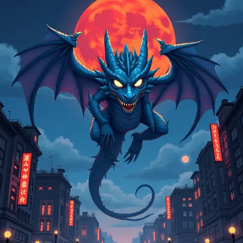 hand drawn illustration of a white-eyed dragon monster flying in the middle of the city at night with a red moon,  conceptual art,under the，  anime style  ，Dreamland Wonderland、Fantasy，    masterpiece  ，HD，colorful， detailed details 