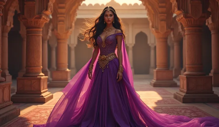 Princess Meghas arrogance grew day by day. She started belittling everyone in the kingdom and mocking them. Princess Megha.. wearing purple long dress, gold jewellery, and standing with arrogant, shes very beautiful, and egoistic, Rajasthani environment, 