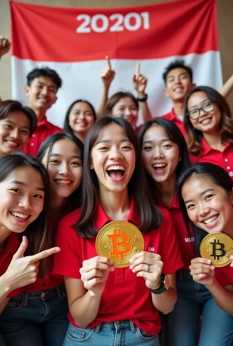 Photoshot of groups of young ren wearing red and white shirts are posing holding bitcoin looking happy and there is a red and white bendra there is an indonesian nameplate