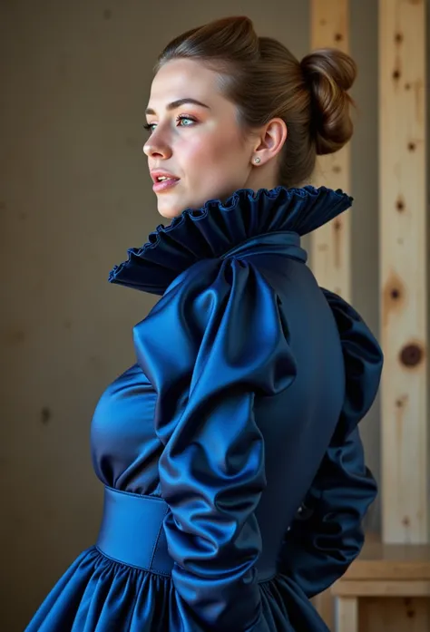 (realistic photograph close up sideways cheerful), (a pleased beautiful European orgasm looking lady with (messy hair bun), she is wearing (an elaborate extensive shiny blue satin dress with (long gigantic puff sleeves), (and a narrow ultra high stand-up c...