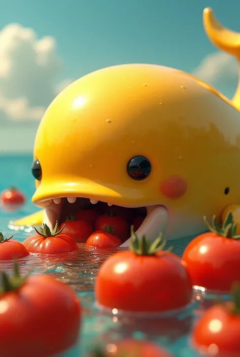 A yellow whale eating tomatoes