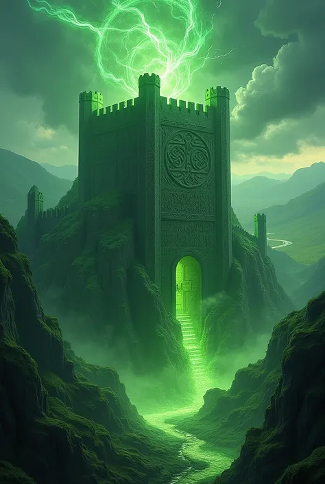  A fortress with Celtic patterns , that withstands an attack ,  while green energies protect it.