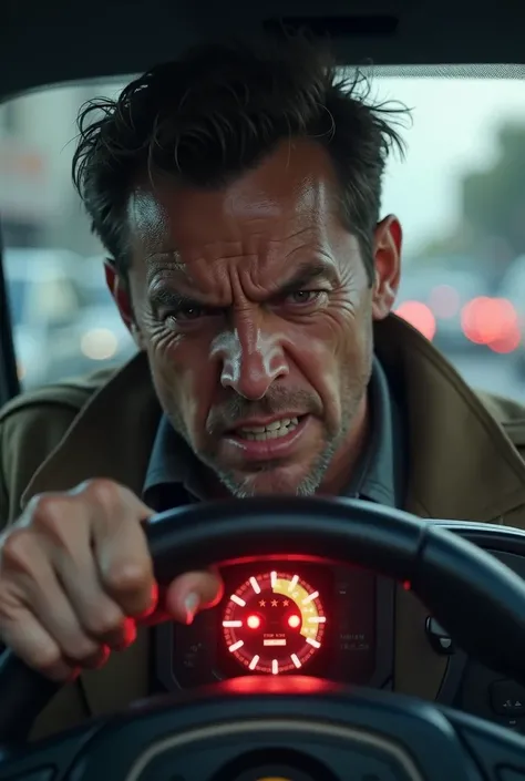 Give me an image of an angry man in traffic using a technological emowatch watch that changes color depending on the emotions that the watch is wacth