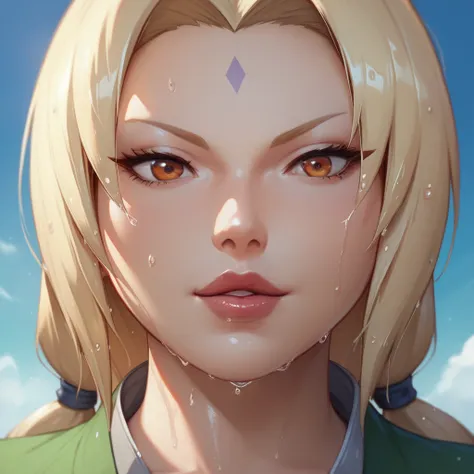 ( Best Quality ),( Masterpiece),Tsunade(naruto),anime,by the ruby, mark on the forehead,kneeling, Big Tits,Close to the chest,wet,hebria