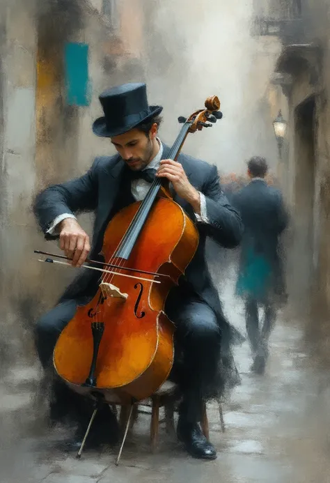  oil on canvas ,  of un músico tocando el cello en calle de Italia , weak spots and artistic blur , gray sketch  , coral, Turquesa, red,    Masterpiece , detail,  Impressionism . High resolution, 4k.