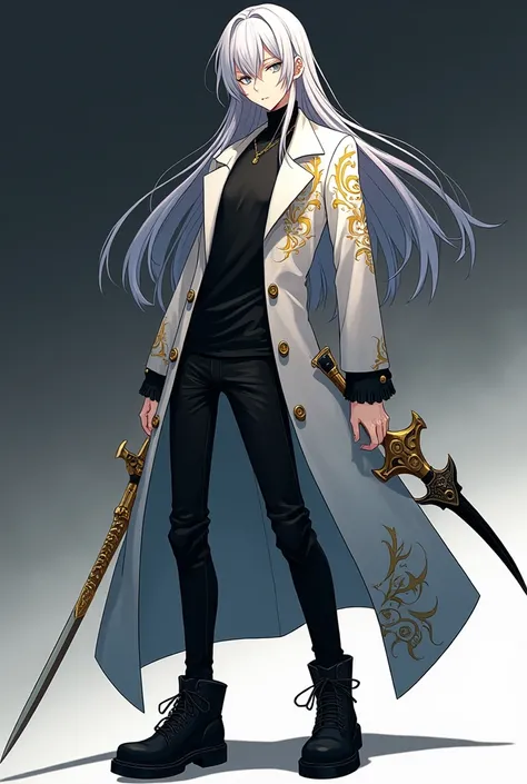  Create an anime character a 21-year-old boy ,  various body rituals , long gray hair /white gray eyes , He wears a black t-shirt,  a white overcoat with gold markings a black pants like the night and black biker boots ,  who carries with him a golden swor...