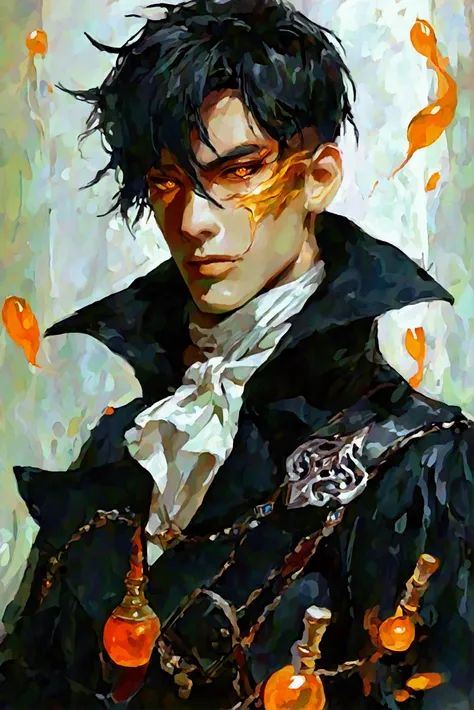 a tall handsome man, sharp facial features, his complexion is pale. Heterochronia - the left eye is dark and the other is golden, almost like liquid metal. Thick and short black hair. He wears a black coat with a wide collar and silver decorations. Underne...