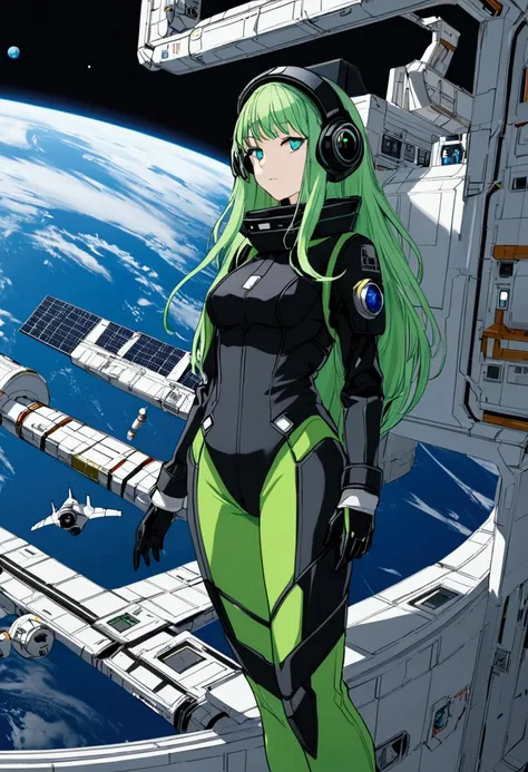 elf girl,  long green hair ,  Blue Eyes, space suit preto, space, Space station, futurist, technology of the future, space station, traje futurist.