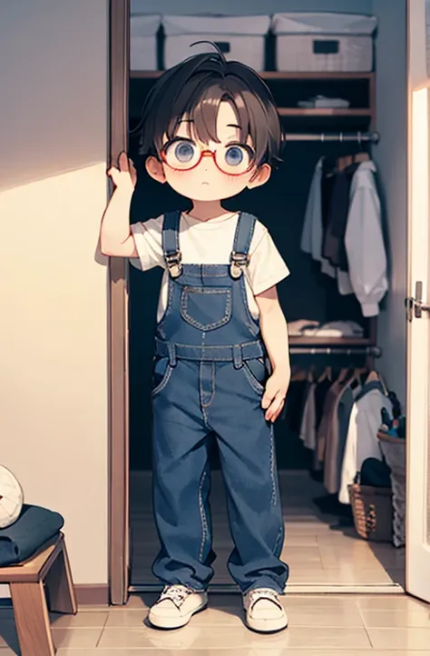 specky boy with closet that is full of overalls