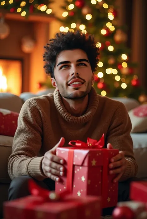 Young man opening Christmas presents, happy face