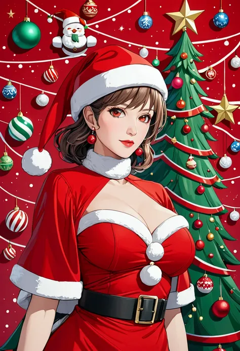 anime, sexy, mature woman, mother christmas in short red dress, with christmas bobble cap, very detailed, high resolution, masterpieace, christmas background