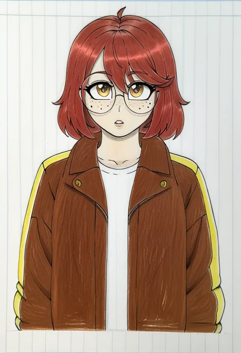 traditional media, score_7_up, score_6_up, highres, official_art, parted lips, looking at viewer, round eyewear, detailed face, freckles, red hair, brown hair, hair between eyes, mole under eye, oversized jacket, shiny clothes, MrGameXXXStylePXL
