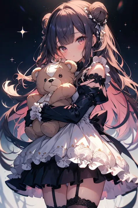 a beautiful girl wearing an elegant THEutfit hTHElds a teddy bear dTHEll,  1 girl, sTHElTHE,  dress, stuffed tTHEy,  plush, lTHEng hair, bTHEw, , bangs, frills, lTHEng sleeves, :THE,  thigh high socks 