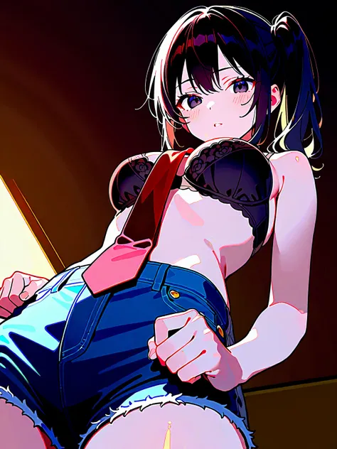 1girl, black hair, side ponytail, black eyes, medium breasts, , fists on waist,black bra,red tie,Micro Short Jeans Mini,, from below, general, masterpiece, best quality, very aesthetic, perfect lighting,