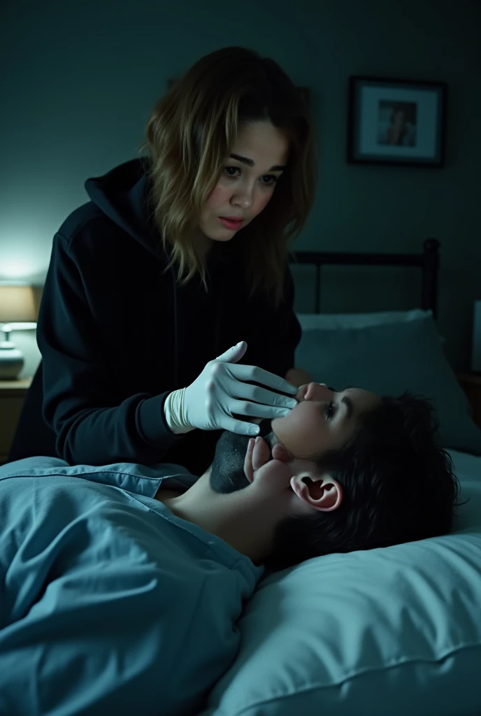 ( Best quality, high resolution, Masterpiece: 1.4)    women wearing  tight white surgical glove hand over mouth men to kill, medical glove,handgag,women and men,kill,black hoodie,in the bed at night,men fainted,full body