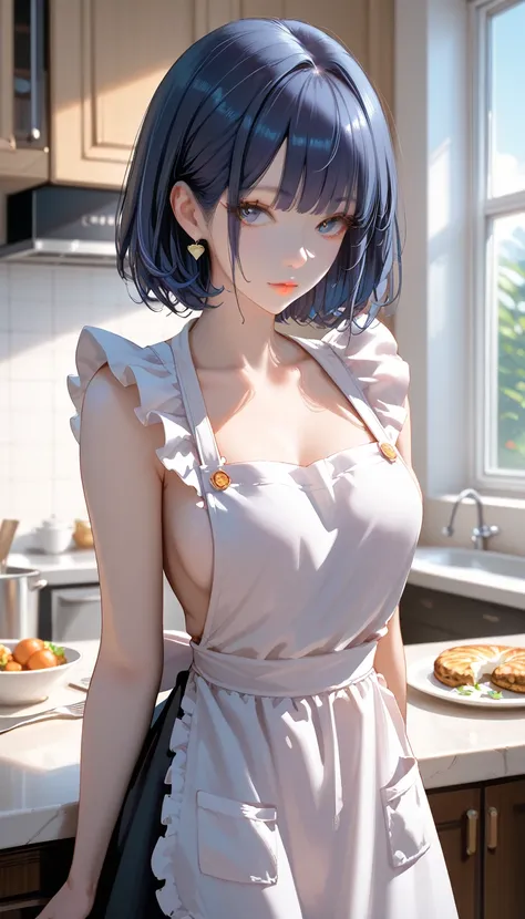 1girl, double bangs haircut,  apron