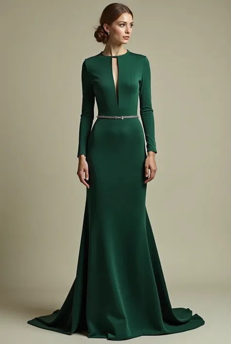 "Design an elegant, minimalist evening gown for a woman that combines simplicity with grandeur. The dress should feature a sleek, floor-length silhouette with a slightly flared hem, crafted from a smooth satin or silk fabric that flows effortlessly. It has...