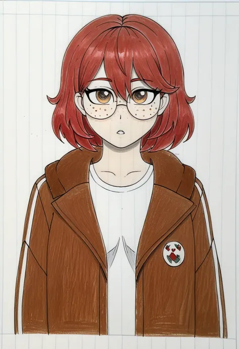 traditional media, score_7_up, score_6_up, highres, official_art, parted lips, looking at viewer, round eyewear, detailed face, freckles, red hair, brown hair, hair between eyes, mole under eye, oversized jacket, shiny clothes, MrGameXXXStylePXL