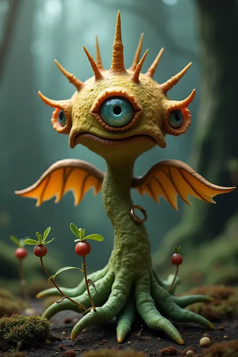 A fungus with an eye with two plants coming out of the corners of the eye ,  with large wings coming out of the stem, four blades and a pointed crown with a ring and fruits.