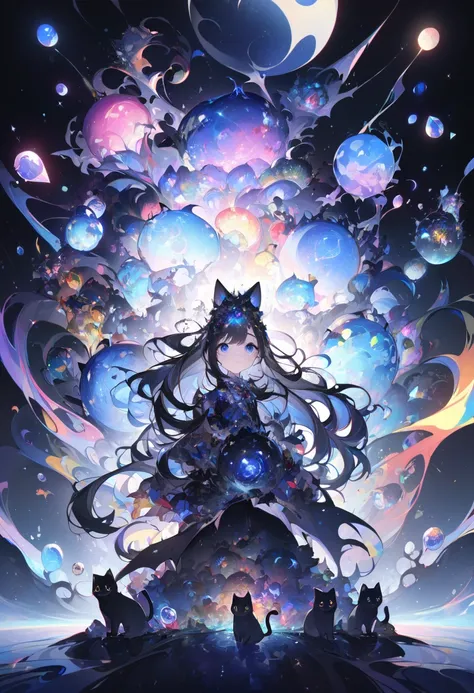  succubus 、Black Wings、Black Crown、 girl、whole body、 black hair、Cute black cat ears、 beautiful青い目、Black Crown、 black and blue vampire wings 、Glare、Also々funny face、 beautiful、 Blue Moon 、 many twinkling lights、gem、Lots of blue light、Fantasy black cat，Ambili...