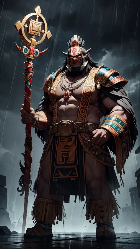 An Aztec god with a fearsome, mask-like face featuring large, round eyes and jagged teeth. He stands amidst a raging thunderstorm, with rain pouring heavily and lightning illuminating the dark clouds. His attire is decorated with ancient Aztec patterns, an...