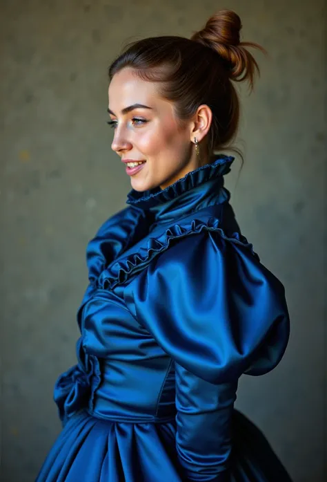 (realistic photograph close up sideways cheerful), (a pleased beautiful European orgasm looking lady with (messy hair bun), she is wearing (an elaborate extensive shiny blue satin dress with (long gigantic puff sleeves), (and a narrow ultra high stand-up c...