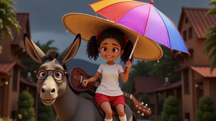 Inspired by Disney Pixar movies and 3D characters, high resolution and quality, create the image of a girl, , , AGE: 12, , with curly hair tied in two ponytails and red ribbons. She has light brown skin and is wearing a white T-shirt, very short red shorts...