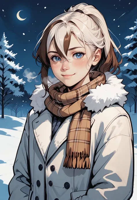 score_9,score_8_up,score_7_up,score_6_up,score_5_up,score_4_up,source_realistic,1girl,blue eyes,blush,breath,brown hair,brown scarf,closed mouth,coat,fur trim,hair between eyes,jacket,long hair,long sleeves,looking at viewer,multicolored hair,night,outdoor...