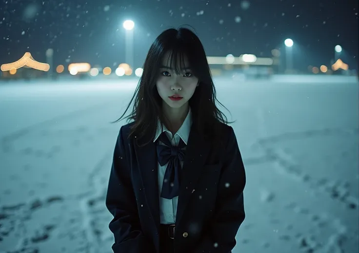 night time, flirty 20 year old Korean girl wearing a black Japanese school uniform, on the snowy tarmac of a US air force base, snowy Christmas scene, wide angle lens photo