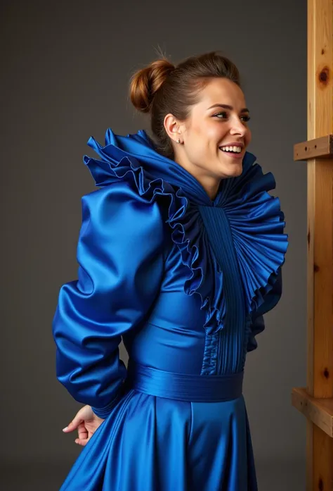 (realistic photograph close up sideways cheerful), (a pleased beautiful European orgasm looking lady with (messy hair bun), she is wearing (an elaborate extensive shiny blue satin dress with (long gigantic puff sleeves), (and a narrow ultra high stand-up c...