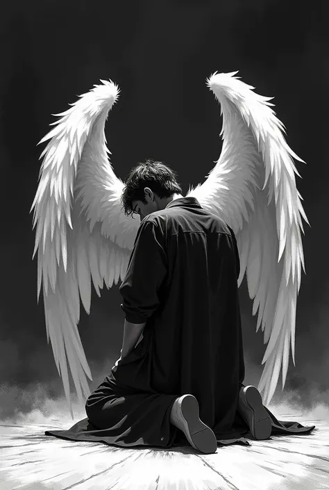 A graph, Which shows a kneeling man.  behind him are spread angel wings.  the picture is drawn , And black and white , drawn image . He looks at the ground. It is dark and abstract