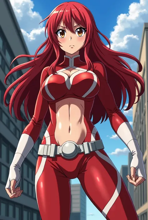 My Hero Academia Style , Anime girl, female, young female ,Full Body Shot,(fighting stance:1.3),Long hair, Red Hair,  Brown Eyes,Hero Suit, Full Body Suit, red suit with white details, perfect anatomy,  （Toughened Abs）,super detailed,(Buildings:1.2）