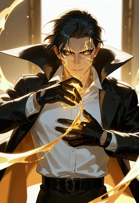 a tall handsome man, sharp facial features, his complexion is pale. Heterochronia - the left eye is dark and the other is golden, almost like liquid metal. Thick and short black hair. He wears a black coat with a wide collar and silver decorations. Underne...