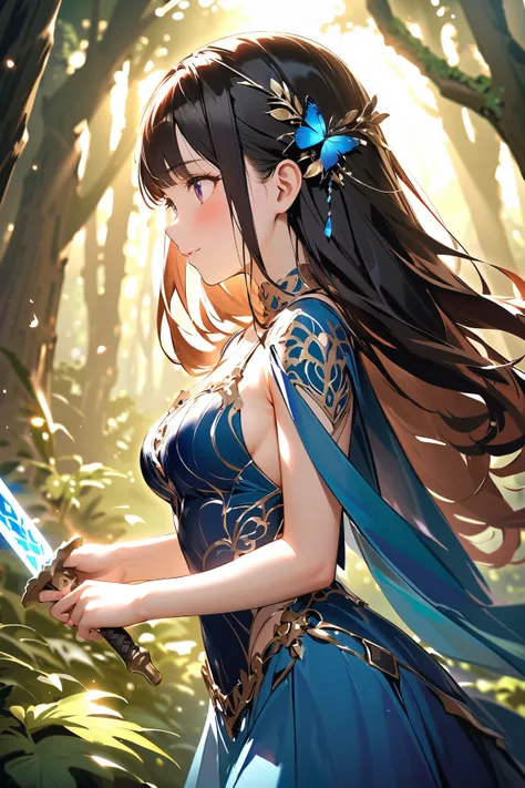 1 girl, (cute face), , long hair, (nervous expression), (blush), medium breasts, slim, (wearing a flowing fantasy dress with intricate patterns), knee length, (porcelain skin), 
BREAK 
Enchanted forest, glowing trees, magical creatures, (holding a sword:1....