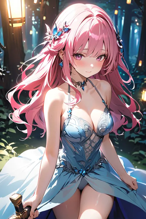 1 girl, (cute face), , long hair, (nervous expression), (blush), medium breasts, slim, (wearing a flowing fantasy dress with intricate patterns), knee length, (porcelain skin), 
BREAK 
Enchanted forest, glowing trees, magical creatures, (holding a sword:1....