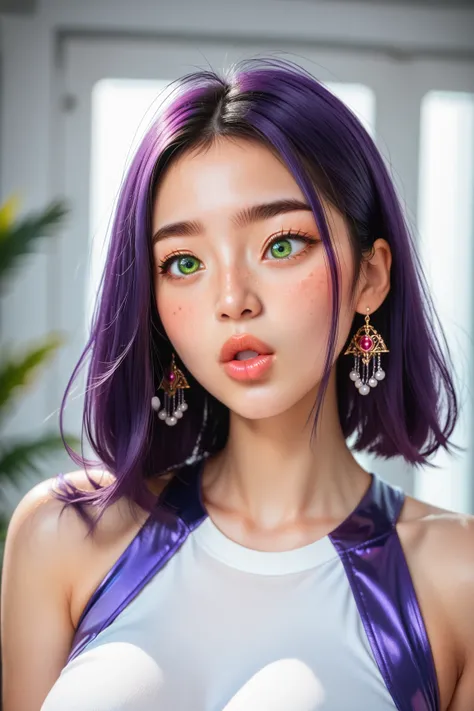 (masterpiece, highres, high resolution:1.2), anime 20 yo girl, portrait, shoulders up, illustration. drawn, violet hair, asian girl, green eyes, blushing, solo, surprised, freckles, big lips, huge breasts, perfect body, wearing a tight crop top, no hands.