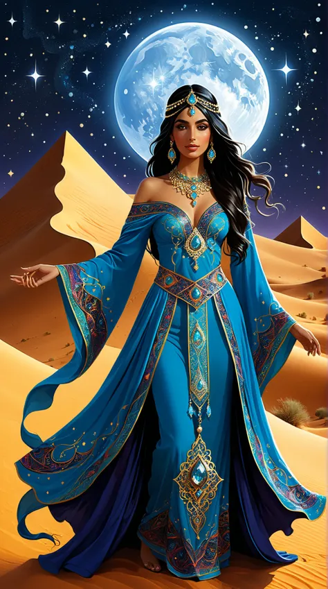 Create an enchanting character design of a female Arabian mage, influenced by the artistic styles of Mark Schultz (1.1), A. R. Penck (0.8), Abstract DOyley (1.1), and Abbas Kiarostami. The mage should exude elegance and mystique, adorned in intricate robes...