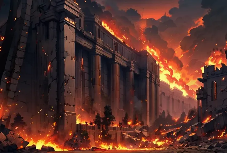  has an ancient city with a giant attack of titans wall with trees outside the wall,  the city is on fire , ruins and ashes , It&#39;s night time 