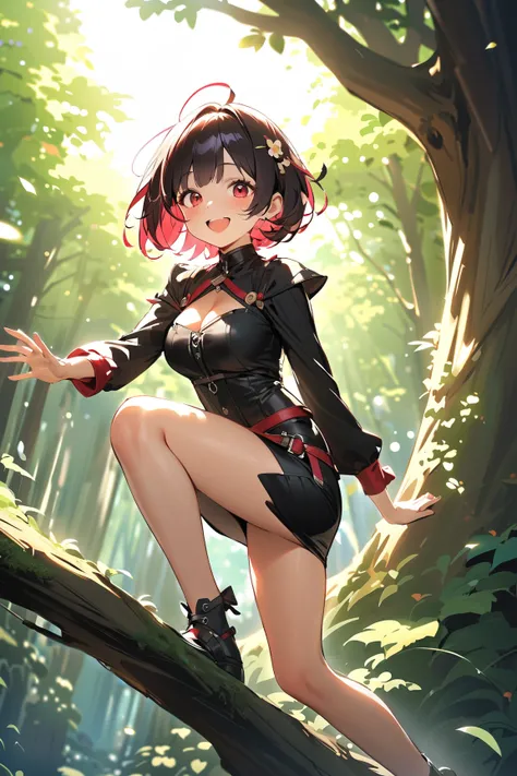 1 girl, (cute face), , short hair, (giggling expression), (grinning widely), large breasts, slim, (wearing a rogue outfit with a short skirt), knee length, (lightly tanned skin),  
BREAK  
Enchanted forest, vibrant flowers, (losing balance while sneaking:1...