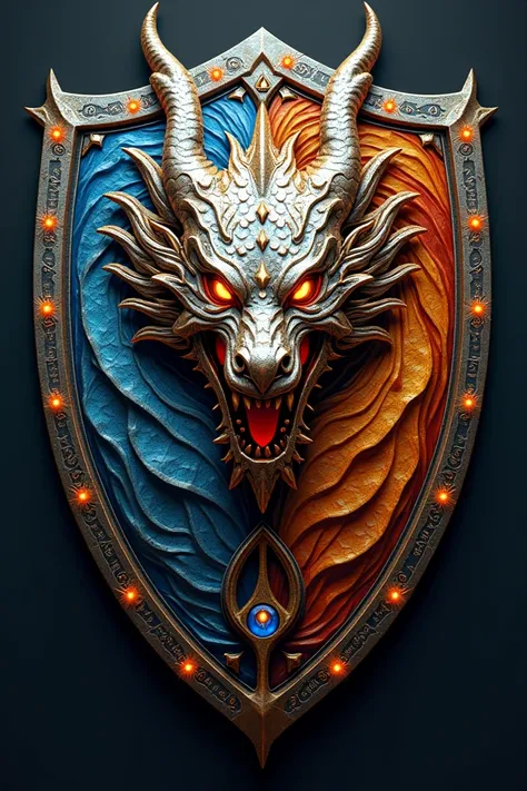 Make a dragon shield with the elements water, fire, metal, air and earth 