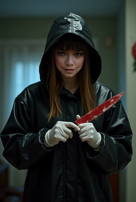  beautiful girl, (behind stiff, bloody surgical mask), bloody knife, stabbing, white latex gloves, bloody room, leather black raincoat, foodie, hood up, holding knife, living room, latex gloves, hidden, blood splatter, long bangs, black wet suit, night, ma...