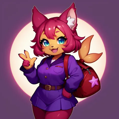 (masterpiece, anthropomorphic fantasy anime style, creative art), solo, drawing of a cartoon character with a purple outfit and a red bag, kemono starfish girl, monster girl, cartoon cute, anthropomorphic, smile, shading!!!, anthropomorphic, chibi, like a ...