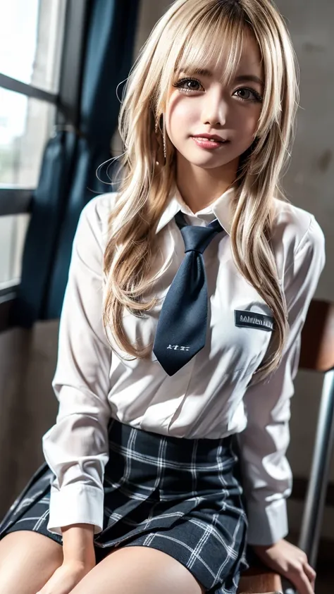 ((masterpiece,  top quality,  high definition ,  Ultra High Definition)),  Japanese high school girls,( realistic :1.4)、 smiles、 Amazing Face 、 sharp mouth、 close your mouth、Glossy Lips 、 long hair on background,(Beautiful blonde:1.5)、 high school uniform ...