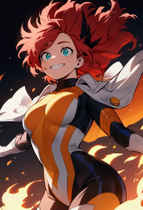 My hero academia, girl with long red hair, turquoise eyes, smiling, tall, hourglass body shape,fire power and cute hero costume 