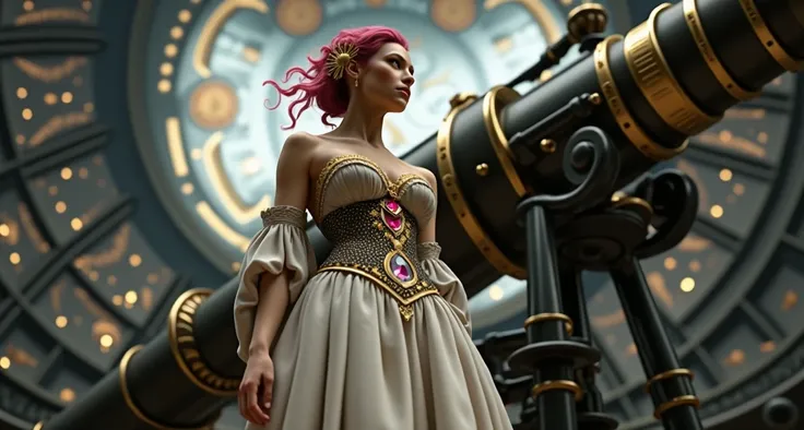  beautiful woman with pink hair dressed in heavenly armor stands at the foot of a huge telescope made of black iron and gold rings and ruby stone,  steampunk style, The image was taken at LOW ANGLE ,  the telescope is an observatory with a rounded roof fil...