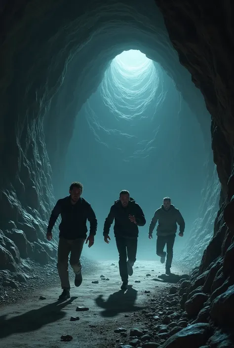 3 men running inside the tunnel of a cave from the abyss of the cave