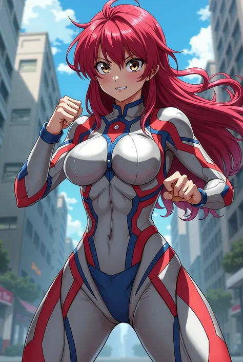 My Hero Academia Style , Anime girl, female, young female ,Full Body Shot,(fighting stance:1.3),Long hair, Red Hair,  Brown Eyes,Hero Suit, Full Body Suit, Silver suit with Red and Blue details,perfect anatomy,  Toughened Abs,super detailed,(Buildings:1.2）